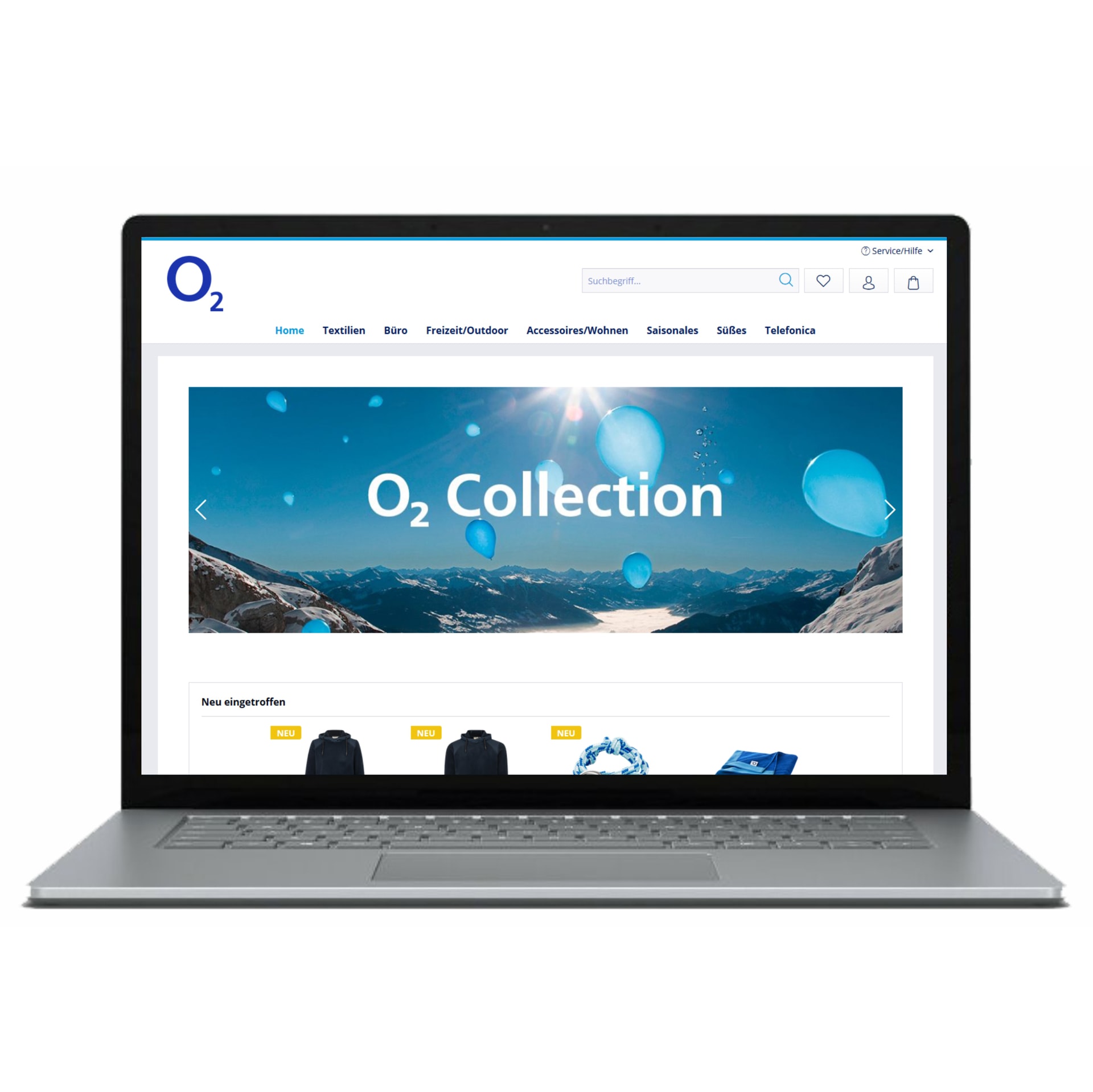 Laptop zeigt die Website des O2 Shops, ein von Holfelder gebauter Online-Shop
