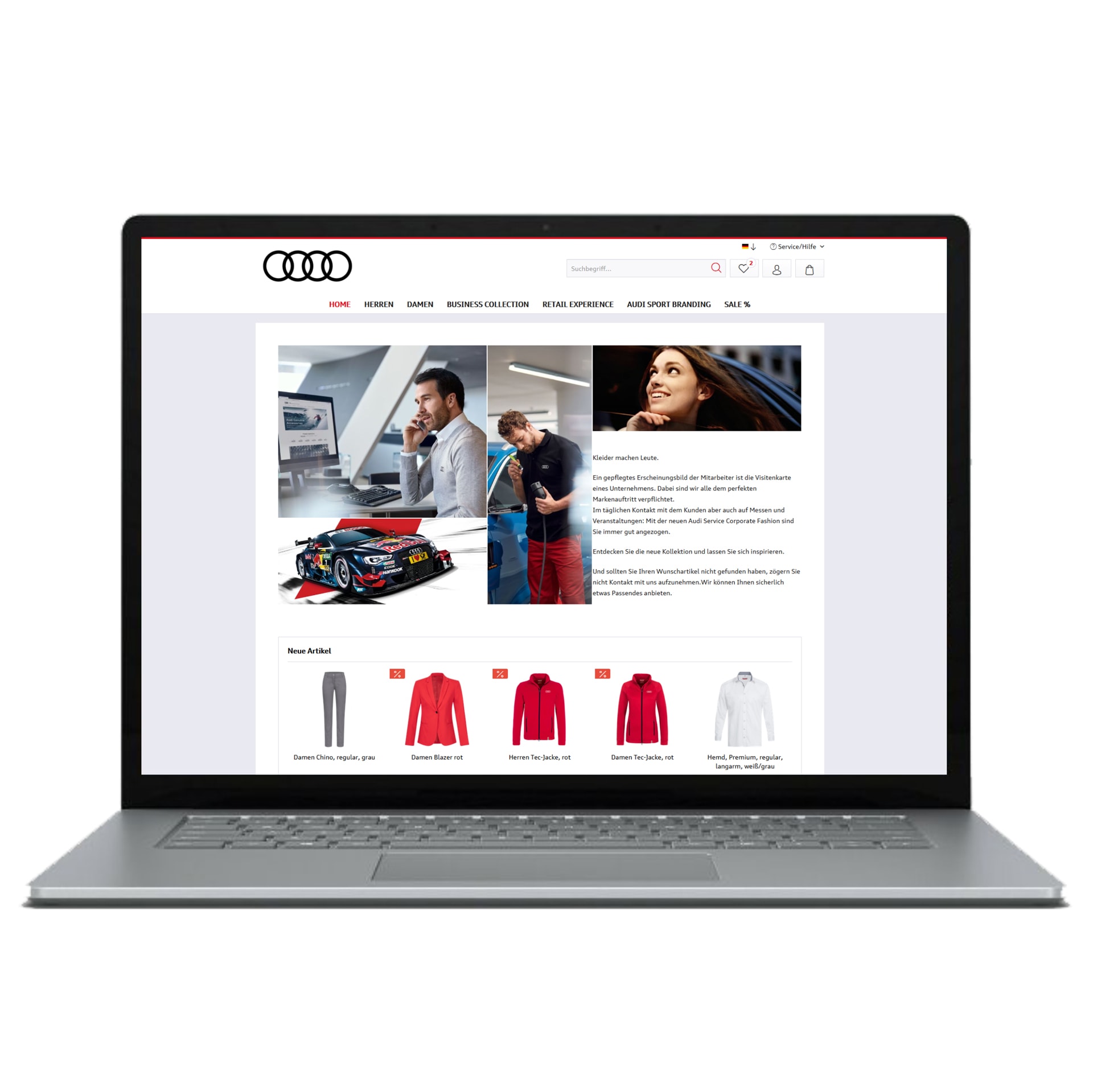 Laptop zeigt die Website des Audi Shops, ein von Holfelder gebauter Online-Shop