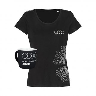 schwarzes Damenshirt und schwarze Taste mit Audi Ringen