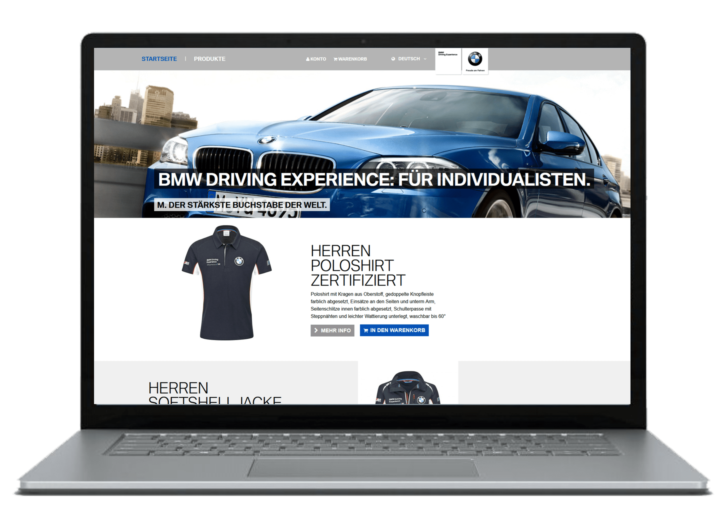 Laptop zeigt die Website vom BMW-Shop, ein von Holfelder gebauter Online-Shop