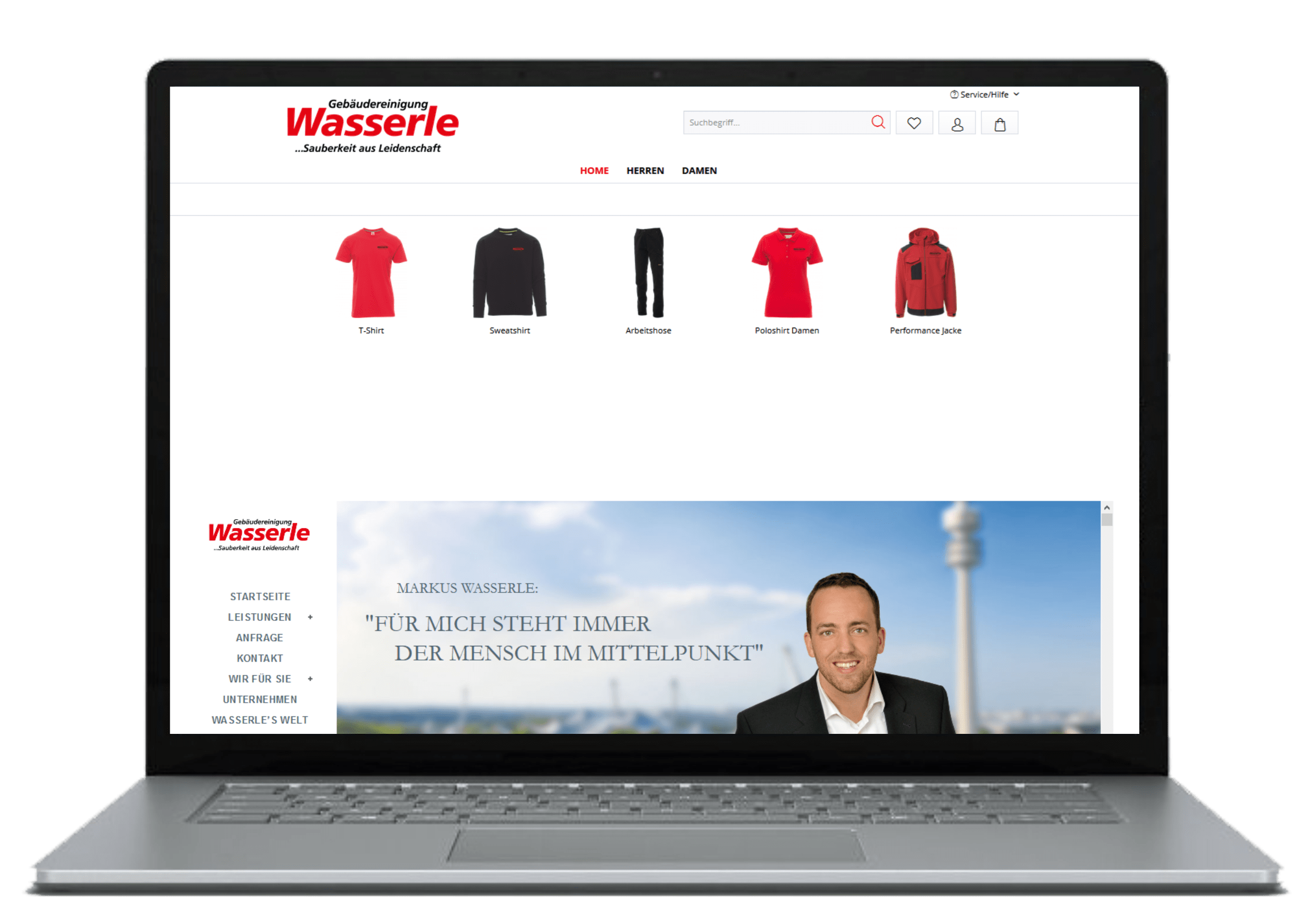 Laptop zeigt die Website der Wasserle Gebäudereinigung GmbH, ein von Holfelder gebauter Online-Shop